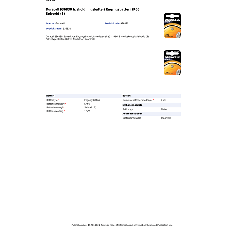 Duracell Sølvoxid SR626 376/377 batterier