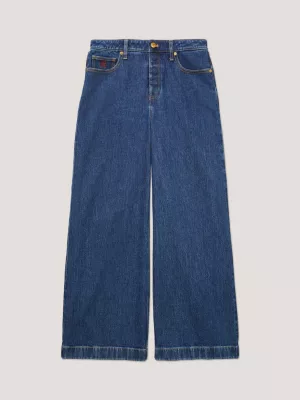 Calça jeans de perna larga e modelagem relaxada adaptável