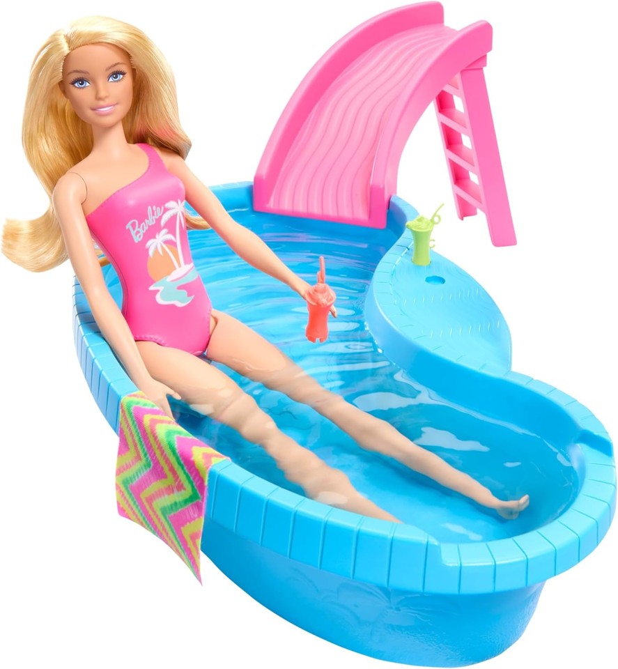 Barbie - Dukke og pool legesæt med rutshebane og accesories (HRJ74)