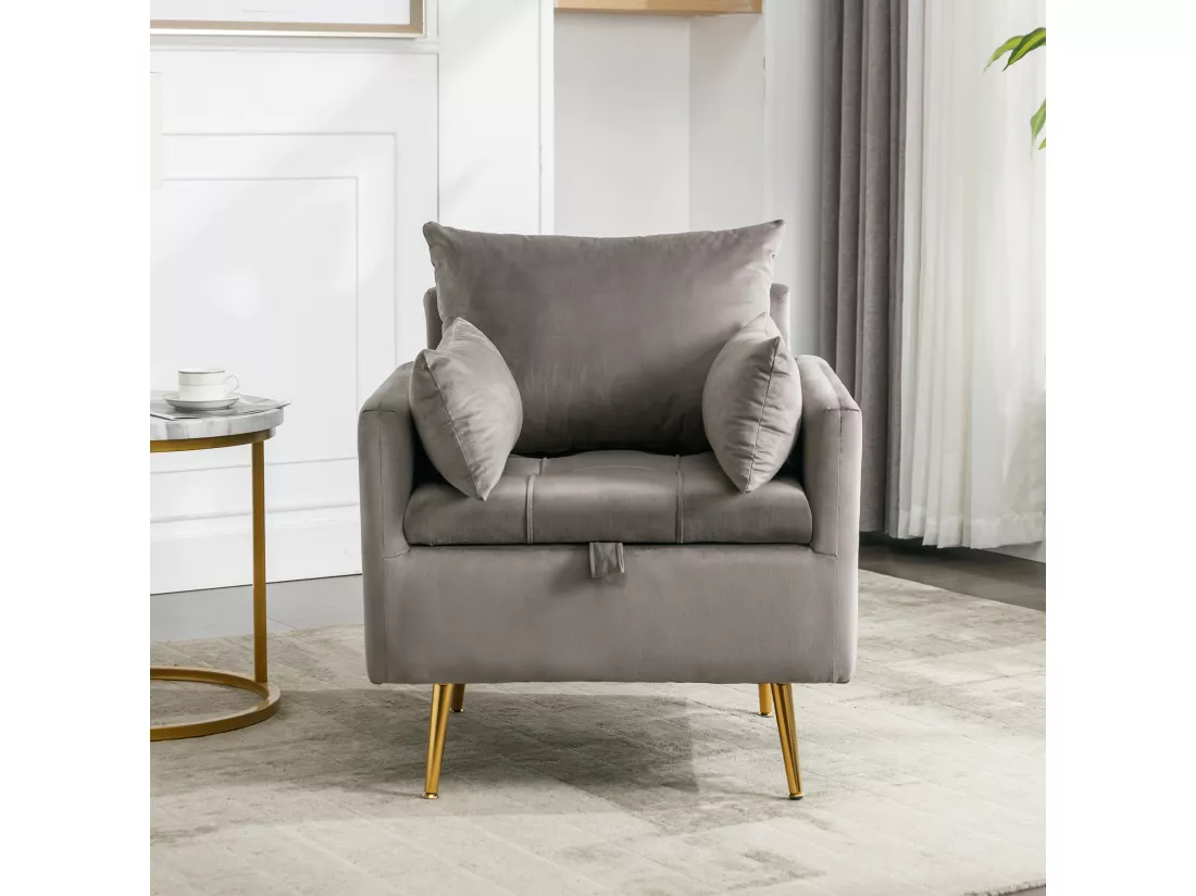 Fauteuil, pouf avec rangement - 71 x 71 x 76 cm - Tissu en velours - Pieds en métal doré - Gris