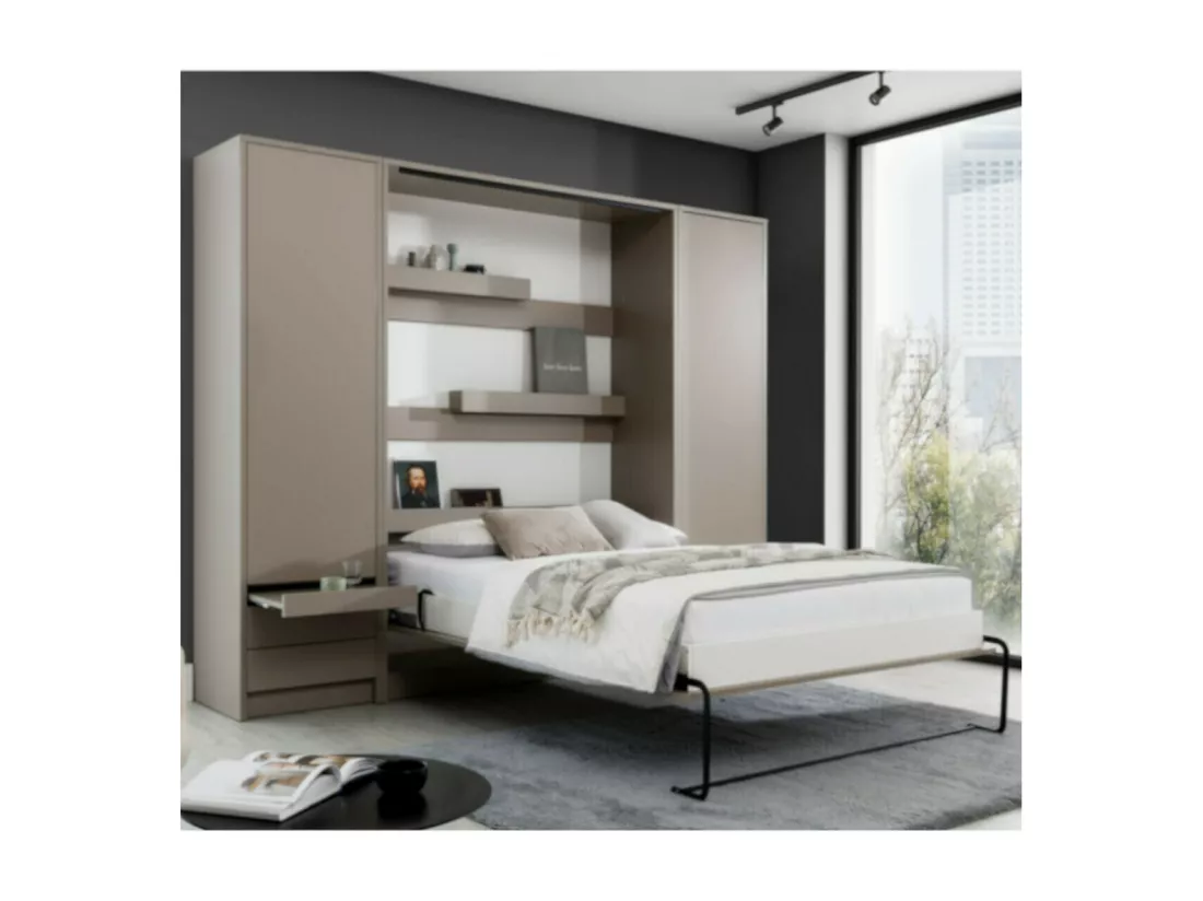 Lit escamotable avec bureau 140x200 cm panneaux de fibres taupe GOYA
