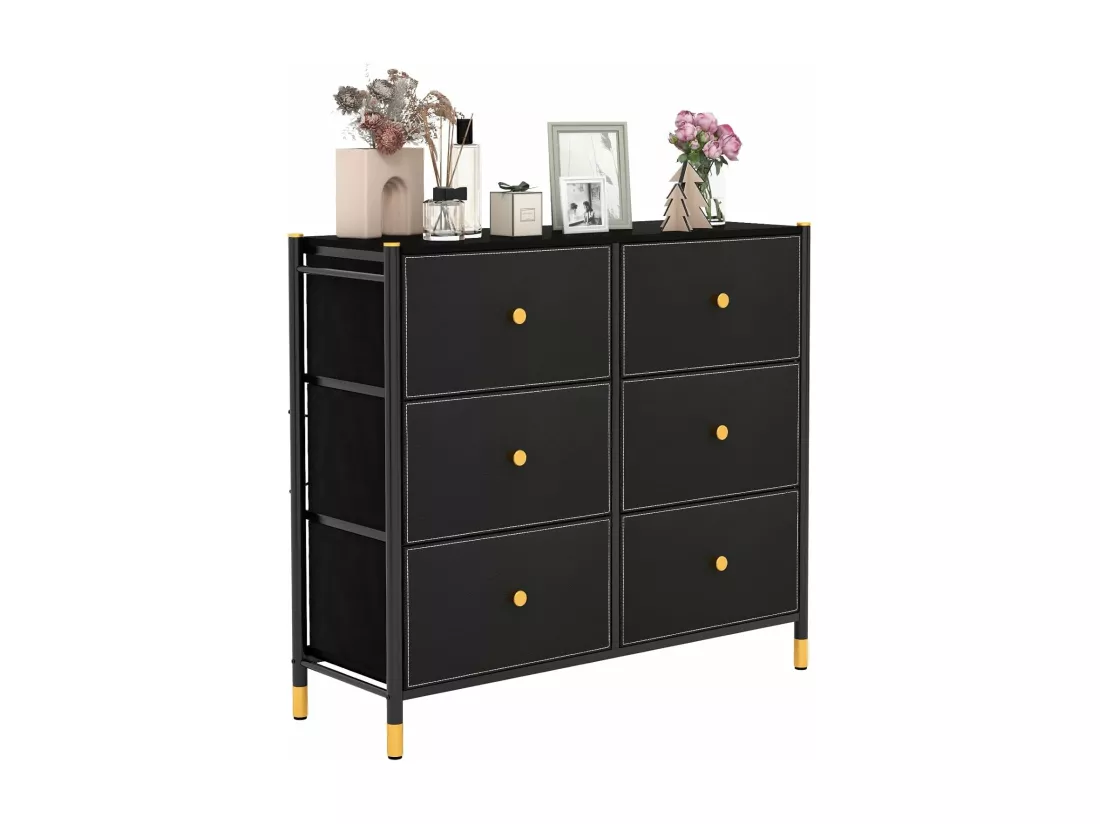 Commode Chambre, Commode Chambre Adulte 6 Tiroirs en Cuir PU et Tissu Pliable, Cadre en Métal, Chiffonnier Moderne avec Poignée Doré, Commode Rangement pour Salon, Entrée, Noir (6 Tiroirs)