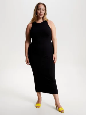Vestido Curve sem mangas, acinturado e evasê