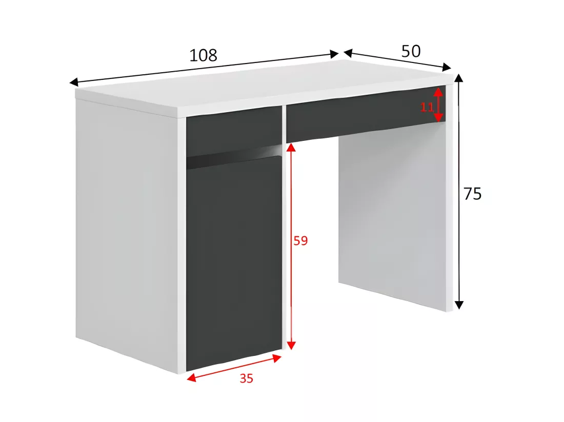 Bureau 1 porte 2 tiroirs Blanc/Gris - PAKAU - L 108 x l 50 x H 75 cm cm