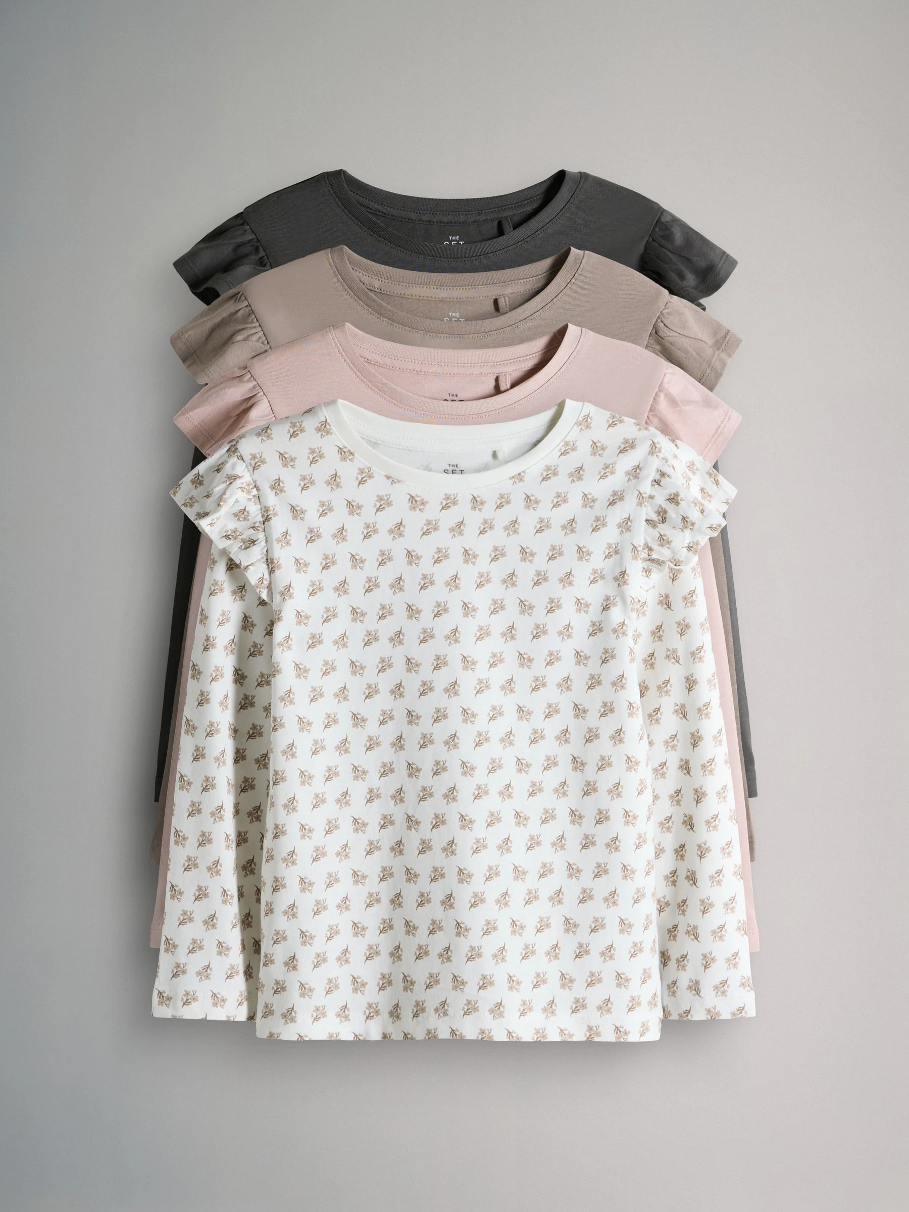 Grijs/Bruin/Roze/Wit - The Set 4 Pack Long Sleeve Ruffle Cotton T-Shirts