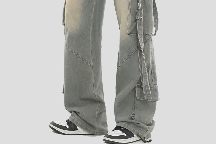 INStudio - Mid Rise Pocket Detail Washed Wide Leg Jeans
