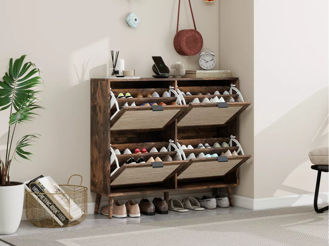 Meuble à chaussures rétro marron à 4 portes, look en rotin, double étagère, 105 cm, avec fond arrière, idéal pour couloir et espaces similaires
