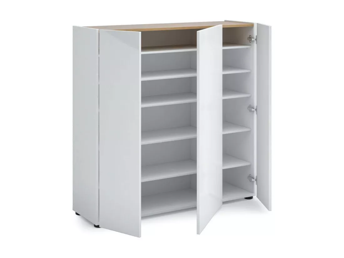 Meuble à chaussures Mbizana, Meuble à chaussures, Armoire d'entrée polyvalente, Rangement pour chaussures, Made in Italy, 116x35h115 cm, Blanc brillant et chêne