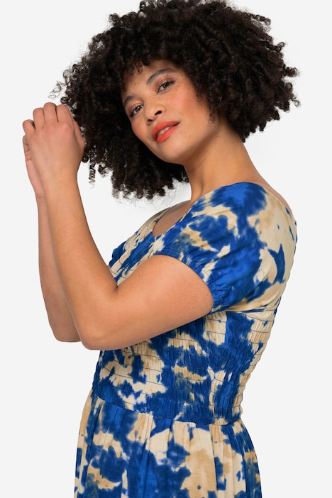 Jersey-Maxikleid, Alloverdruck, Runhdhals, gesmokte Büste, Halbarm