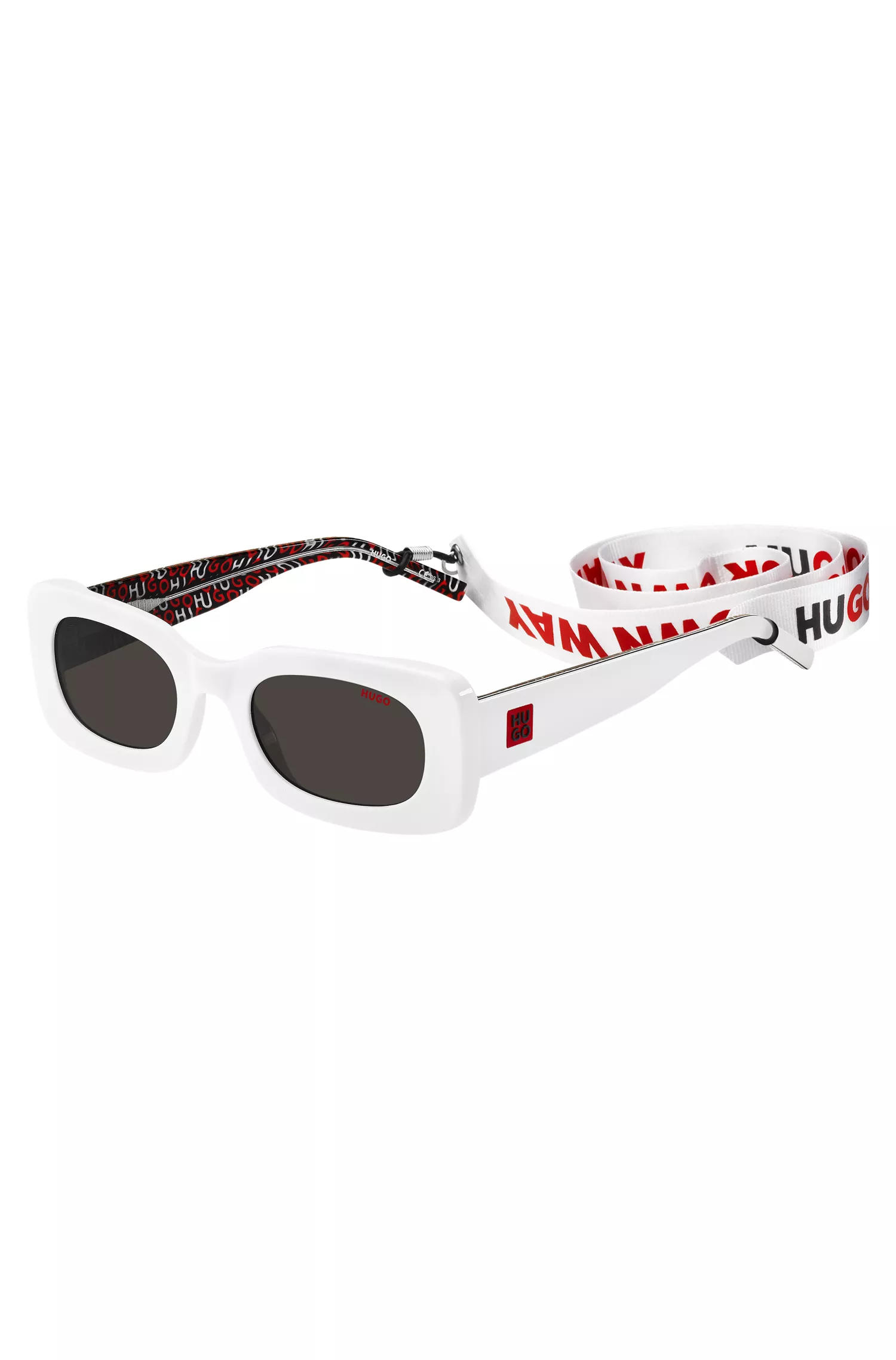 Óculos de sol HUGO em acetato vermelho e branco com alça removível com slogan.