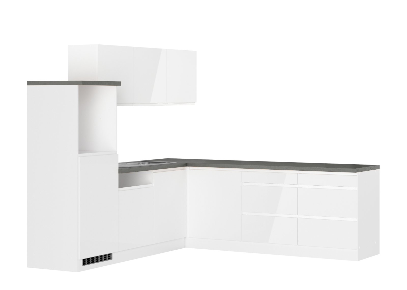 Winkelküche MONZA - weiß Hochglanz - Beton-Optik - 240x240 cm