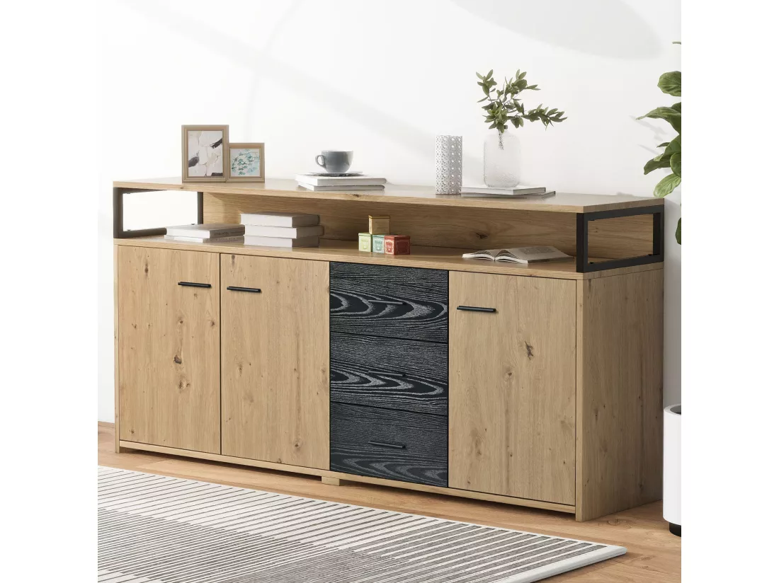 Buffet avec 3 portes et 3 tiroirs - panneaux de particules - coloris naturel et noir