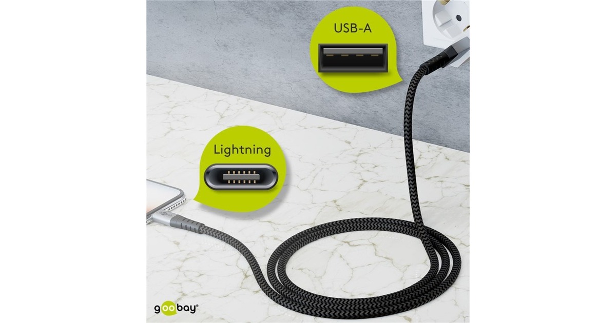 goobayLightning > USB-A textielkabel met metalen aansluitingen  (Grijs/zilver, 0,5 meter)