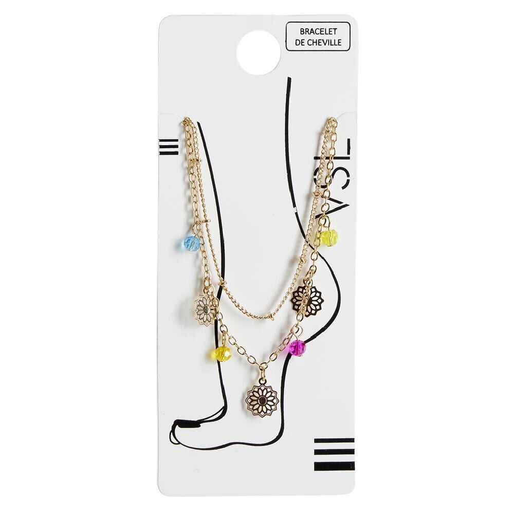 Chaîne de cheville 2 rangs pampilles filigrane doré perles multicolores