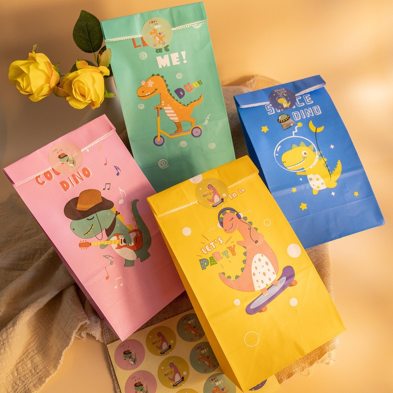 (24er Set) 23x12cm Bunte Kinder Papiertüten Candy Gift Bags   Sticker - Dino