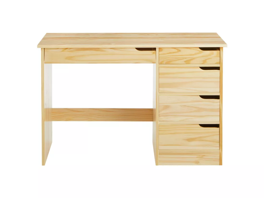 Bureau HUGO avec rangement 5 tiroirs style scandinave en pin massif à la finition naturelle