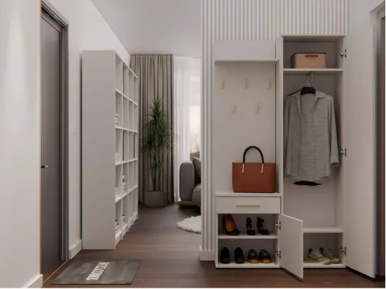 SHEILA - Vestiaire d'entrée avec miroir - Armoire + porte-manteau - Rangements chaussures - Beige