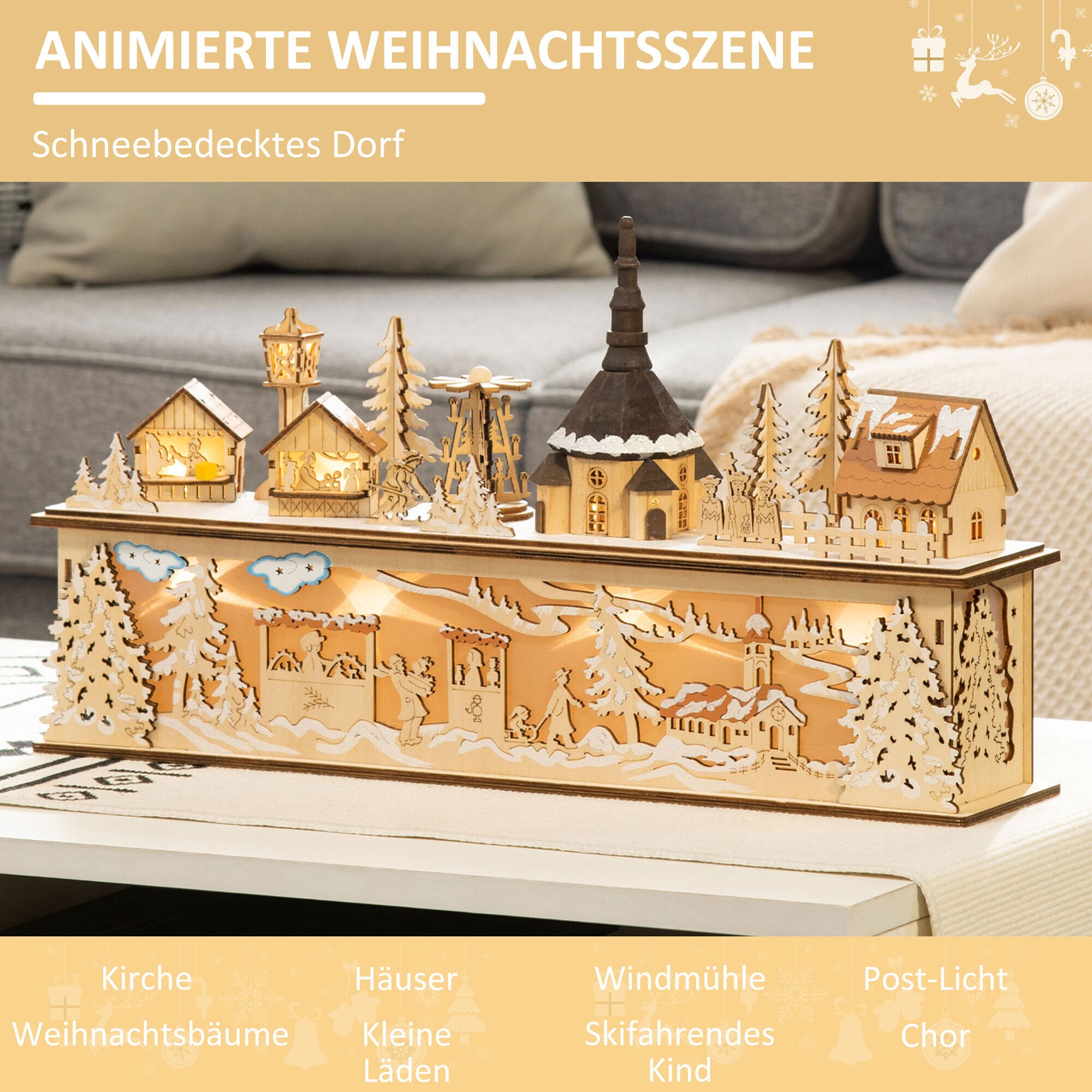 HOMCOM Weihnachtsdorf mit LED-Lichter natur 45L x 10B x 25H cm