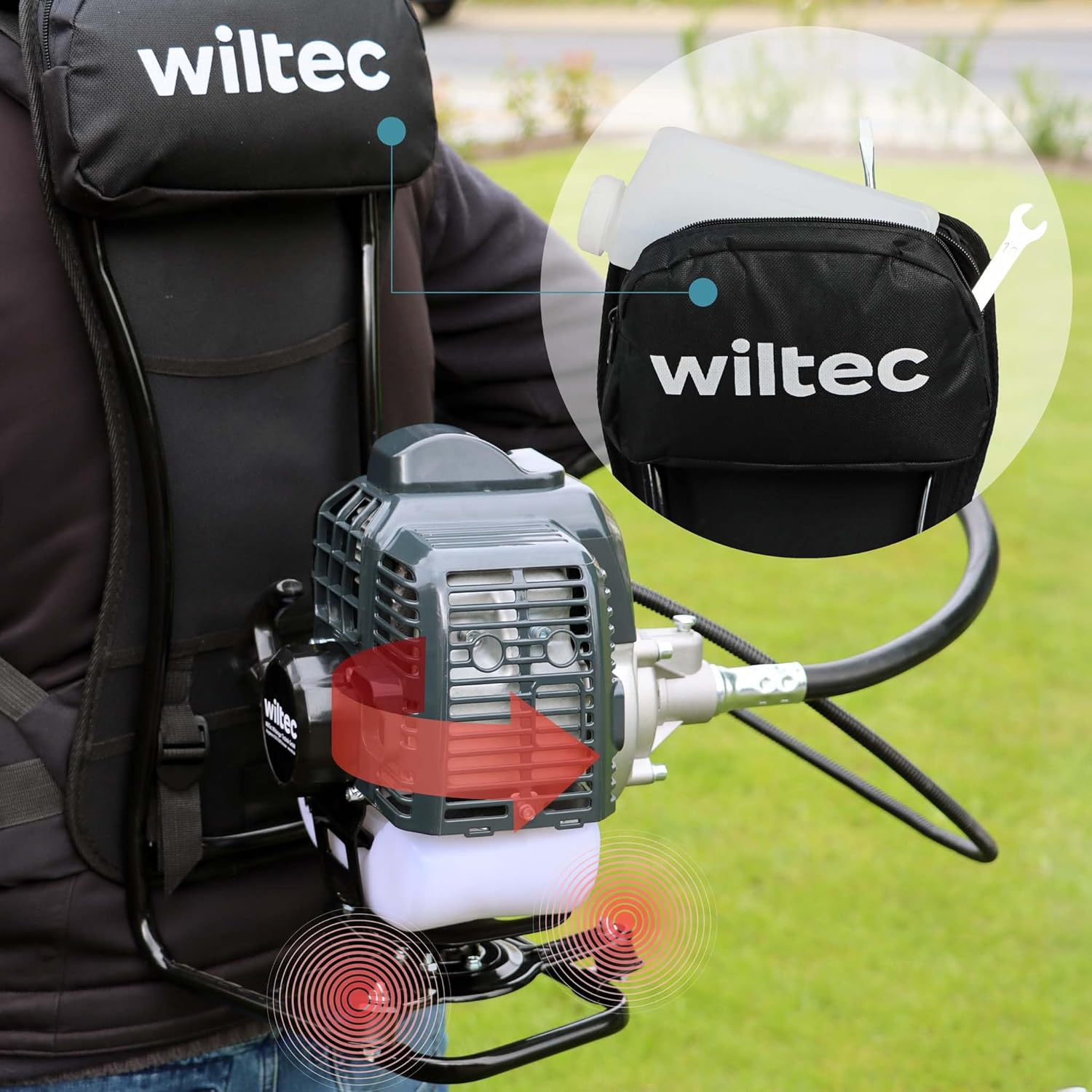 Wiltec 4-in-1 Multifunktionsgerät mit 2-Takt-Motor mit Rucksack, Backpacker Multigartengerät, Multitool Gartenwerkzeug mit u.a. Rasentrimmer