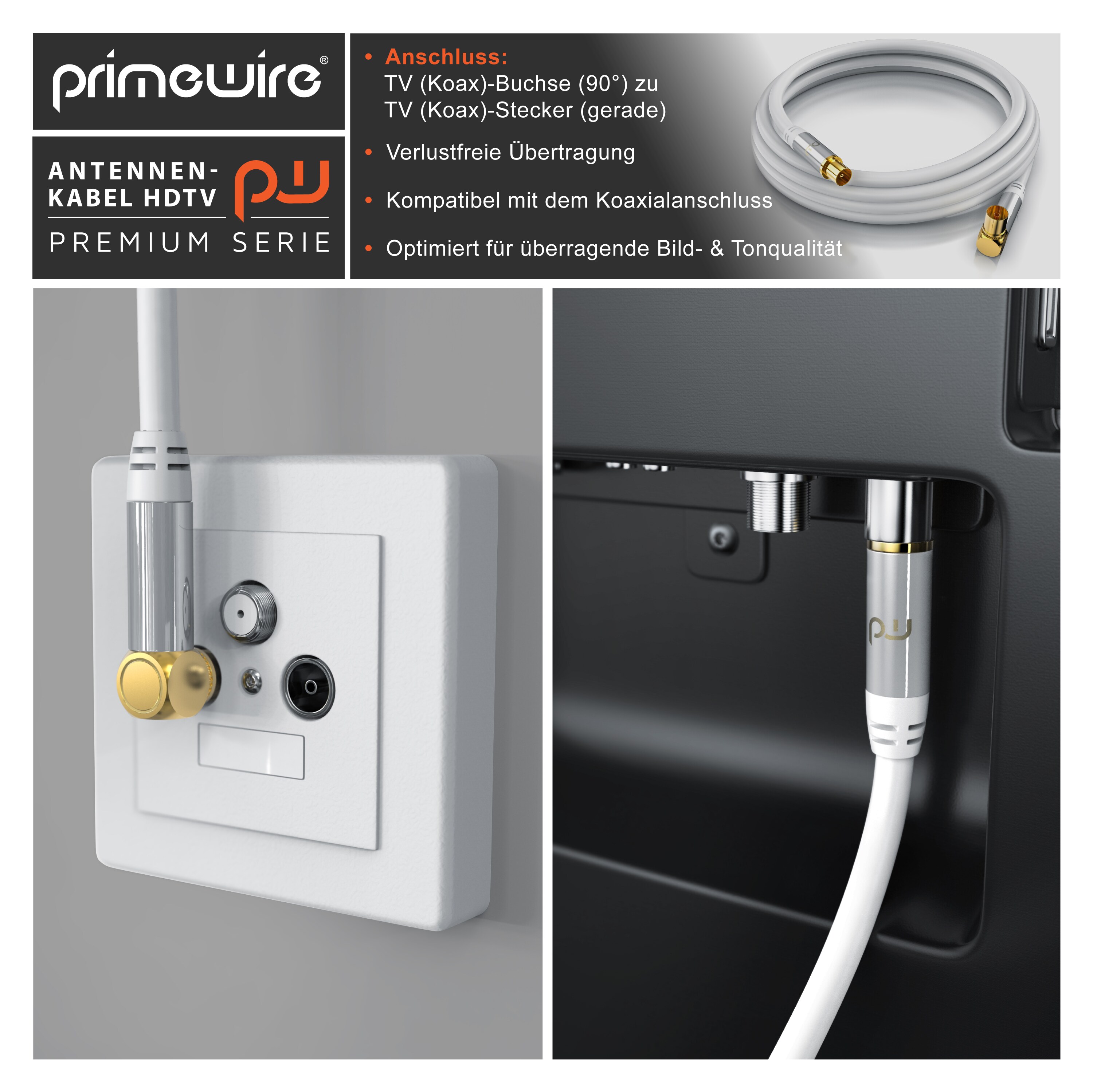 Primewire Antennenkabel gewinkelt - Koaxialkabel - Koax Kupplung 90° Winkel zu Stecker gerade - HDTV 75 Ohm - weiß - 3 m