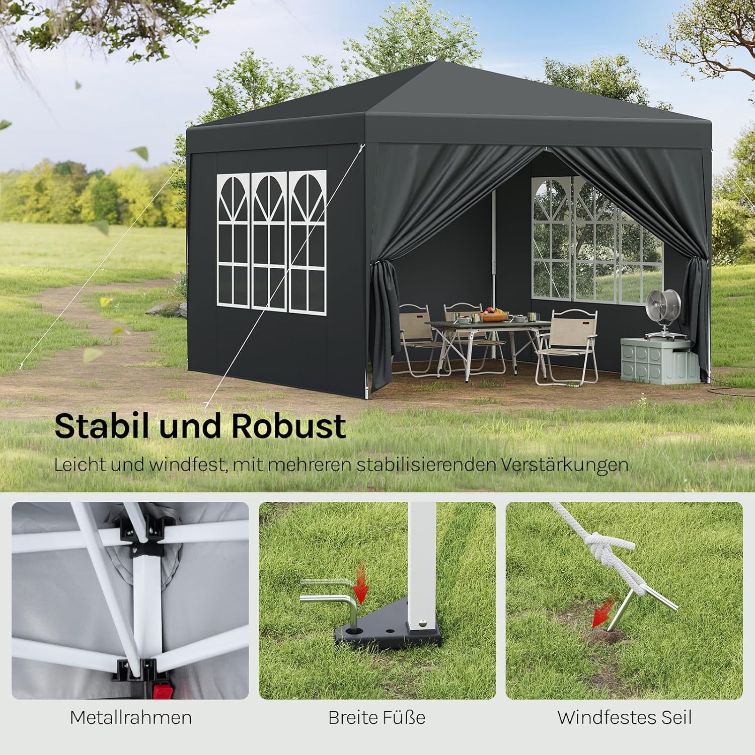 WOLTU Pop-Up wasserdichter Faltpavillon Sonnenschutz Event Pavillon mit Seitenwänden Gartenpavillon auf Terrasse Camping Festival Pagodenzelt aus Oxford Metallrahmen 3 x 3 m Anthrazit