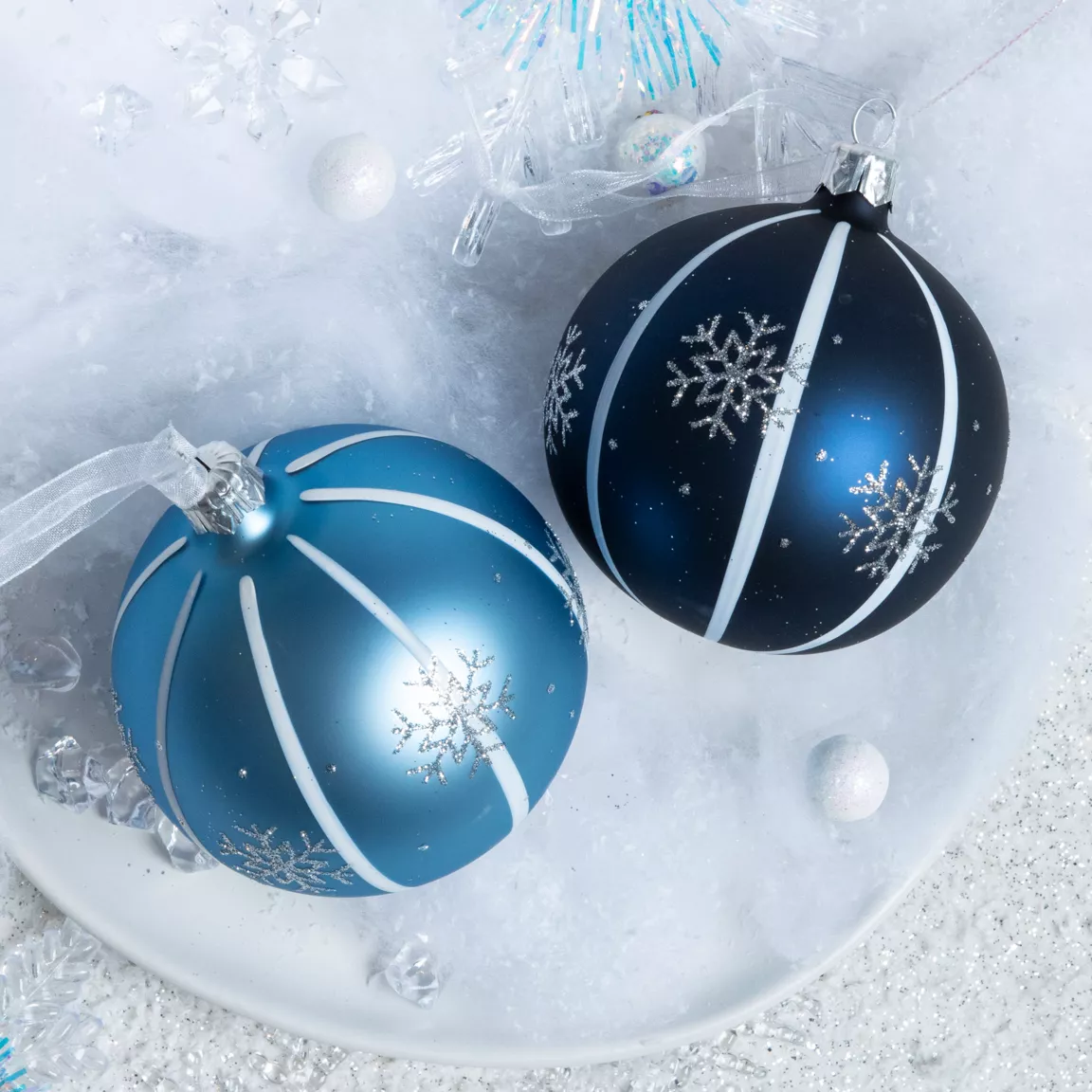 Lot de 6 boules de Noël en verre (D80 mm) Flocons de Nuit Bleu