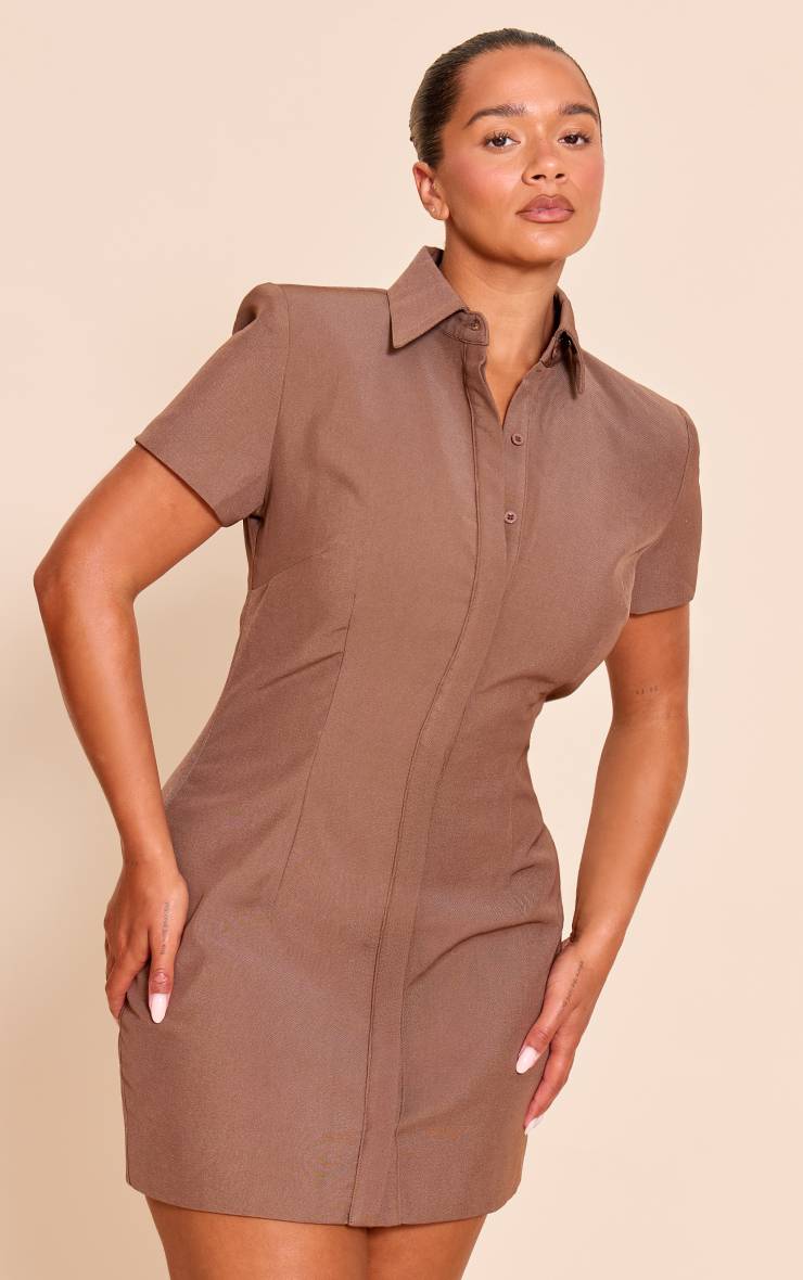 Chocolat Robe Blazer Cintrée À Manches Courtes Boutonnée En Tissu Tissé