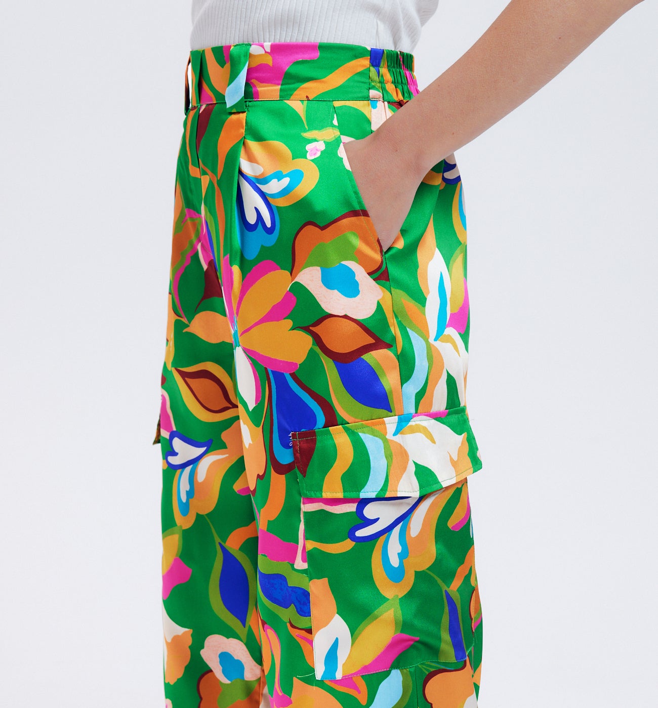 Pantalon cargo en satin Femme - Imprimé vert
