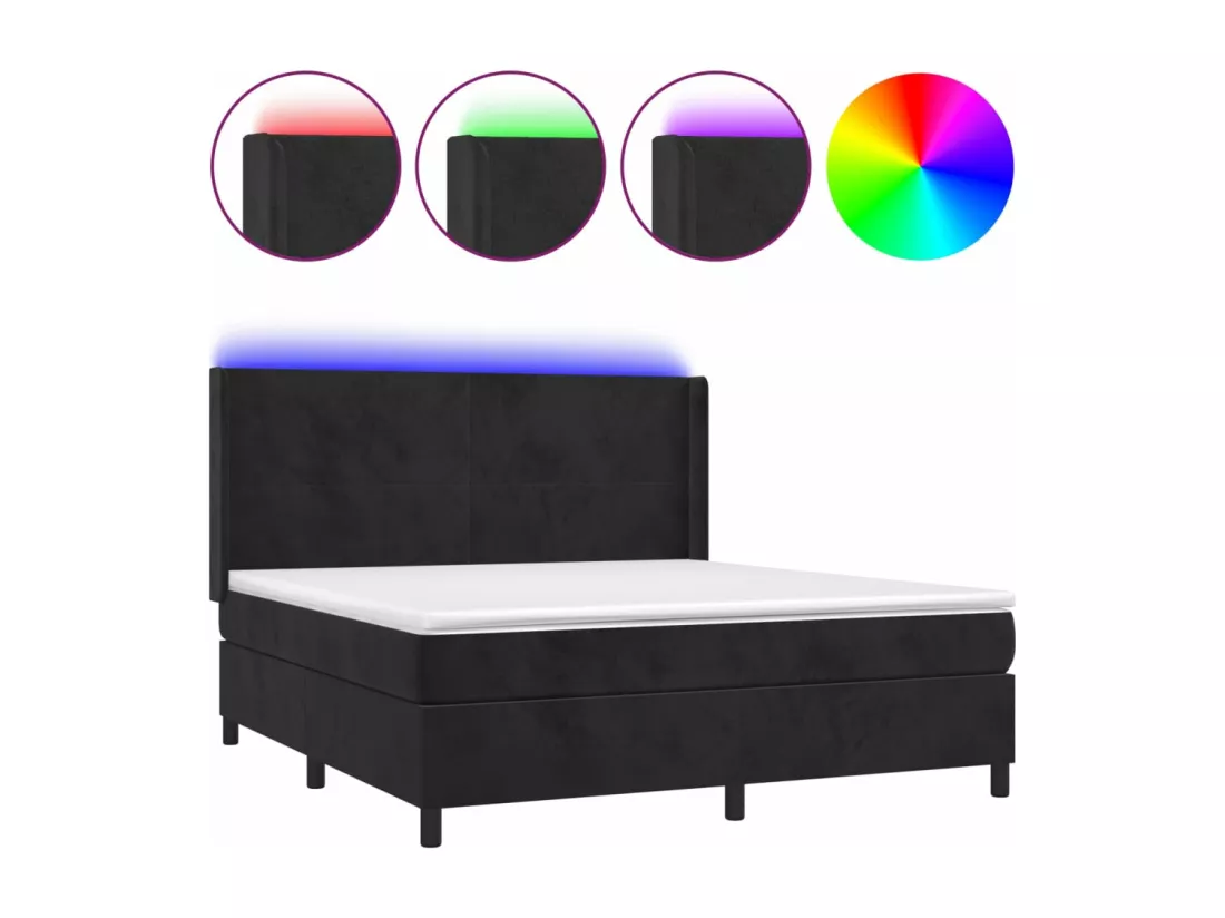 Sommier tapissier avec matelas et LED Noir 180x200 cm Velours