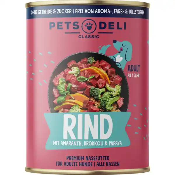 Nassfutter Rind mit Brokkoli, Papaya, Amaranth & Basilikum für Hunde