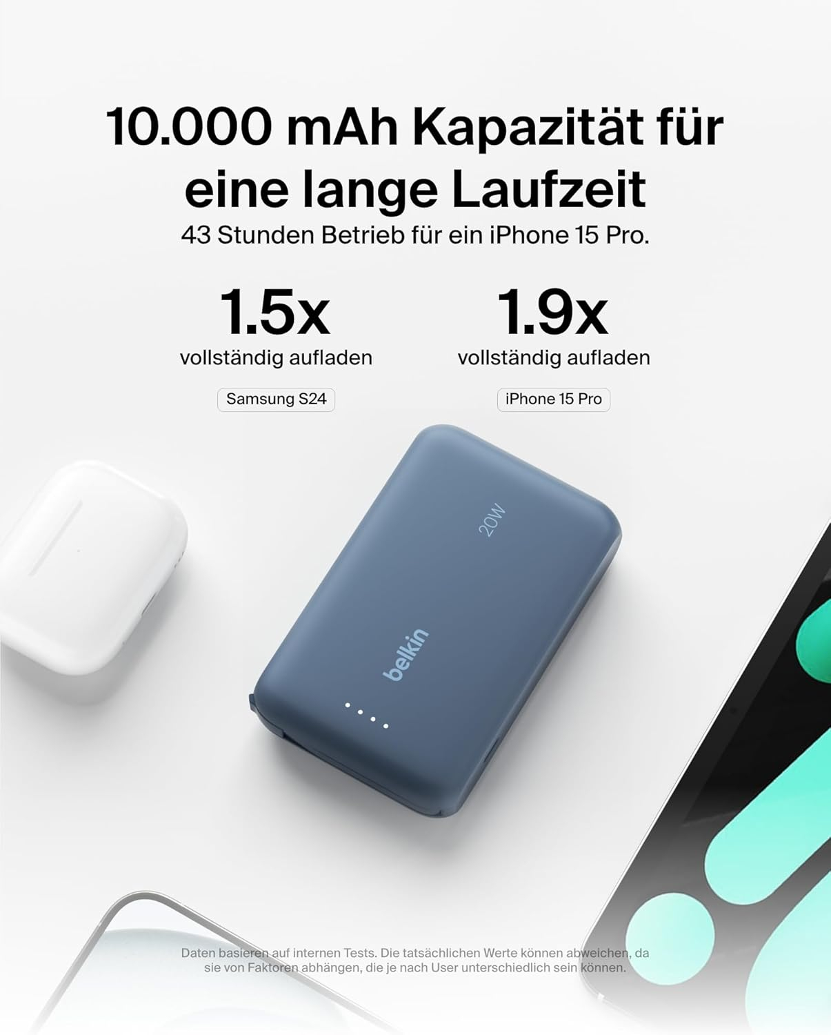 (20W) 10000mAh BoostCharge USB C Powerbank Ladegerät inkl. USB C Ladekabel mit LED Anzeige (BPB021HQBL) - Blau