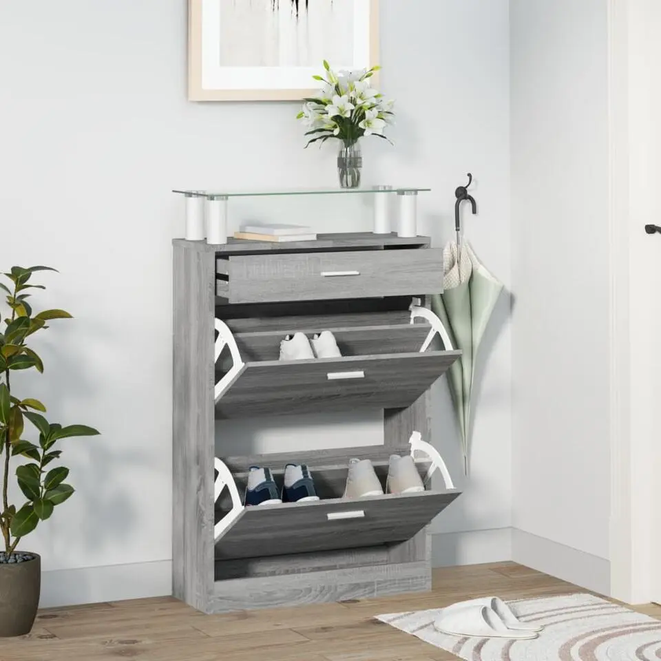 vidaXL - Schoenenkast met 3 kleppen en lade - Grijs sonoma met glazen bovenblad