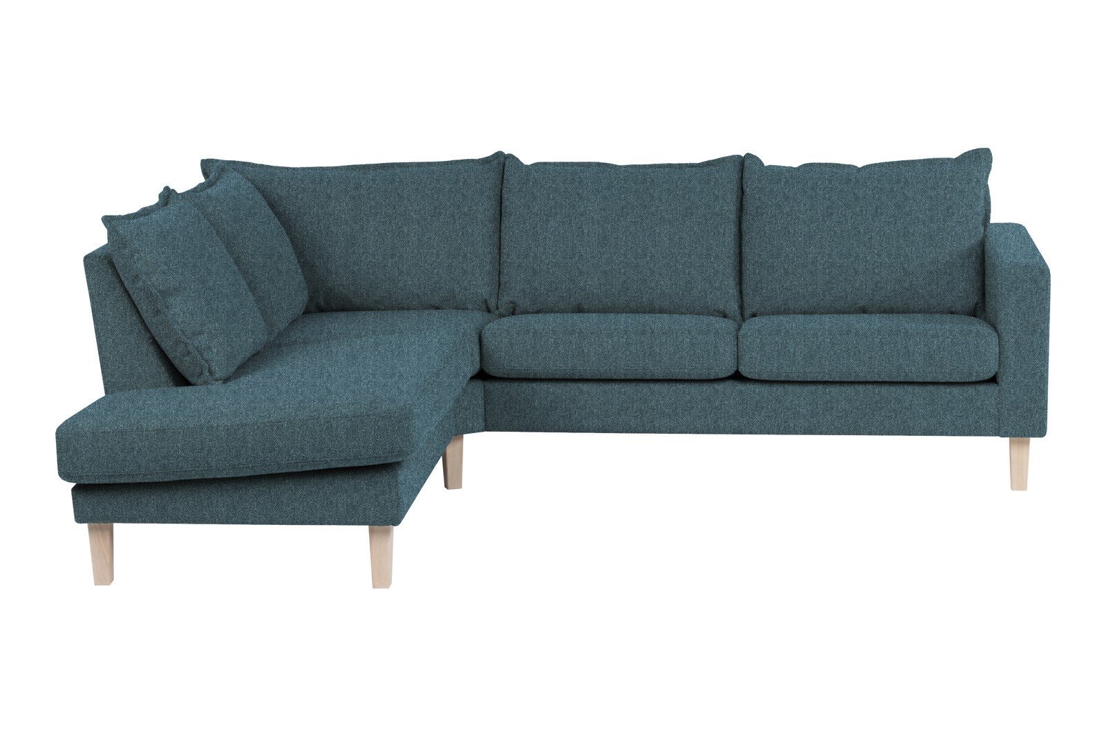 Slogen hjørnesofa Oppsett AV. 2,5-seter med åpen ende venstre. Tekstil Viva Blue med soft ryggpute. Vange B og hvitpigmentert ben 178.