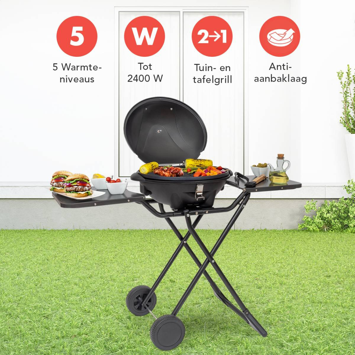 KitchenBrothers 2400 watt elektrische barbecue met wielen