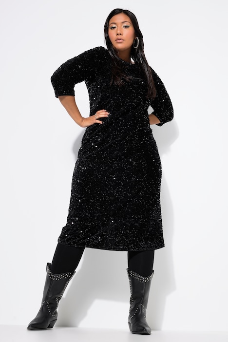 Paillettenkleid, Slim Shape, Midilänge, 3/4-Ärmel