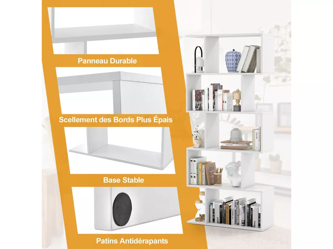 Bibliothèque en Forme de S, Étagère à 5 Niveaux, Meuble de Rangement avec Anti-basculement, 70 x 23,5 x 158 cm, Blanc