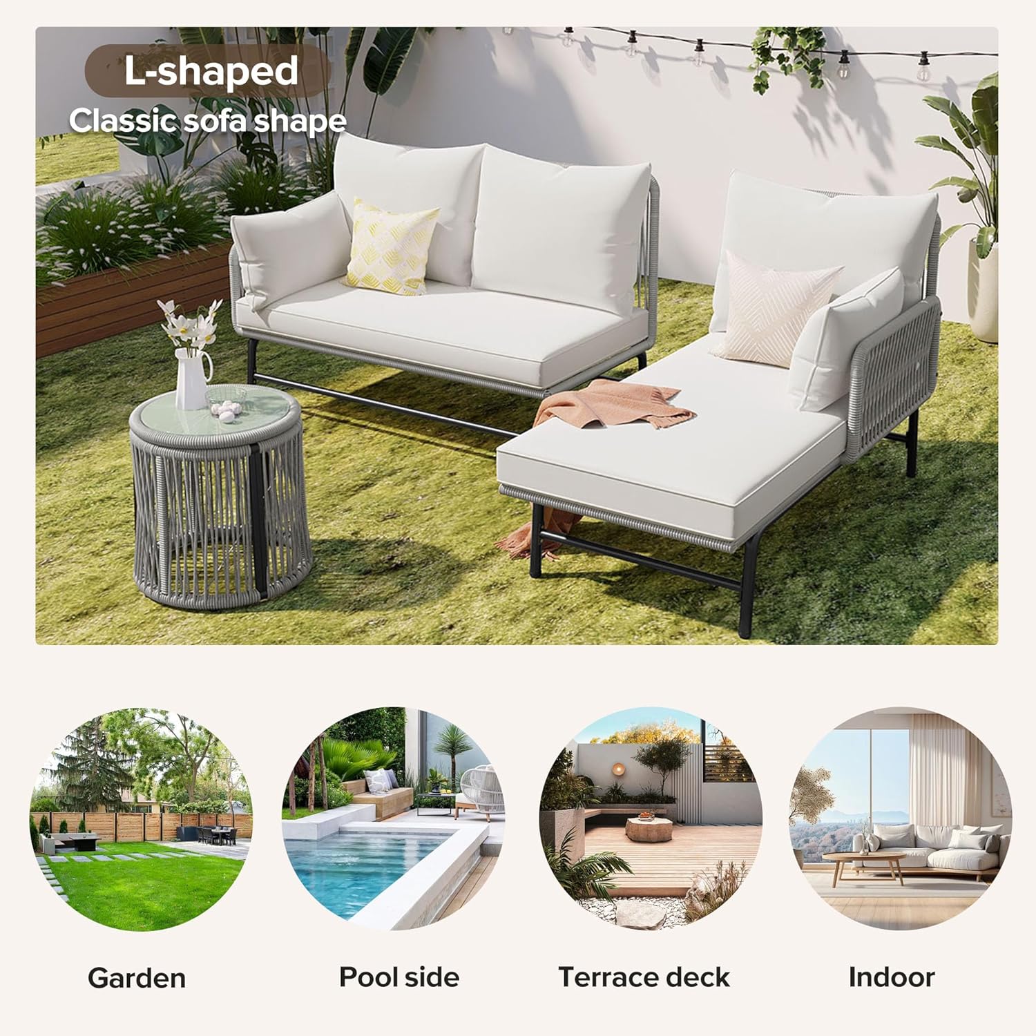 Gartenmöbel Lounge Set 6-TLG für 6 Personen, Lounge Möbel Outdoor mit 2 Sofa, 2 Tisch und 2 Stühle mit Sitzkissen, Eisen Gestell und Gewebtem Seil Gartengarnitur Sitzgruppe Outdoor, Grau