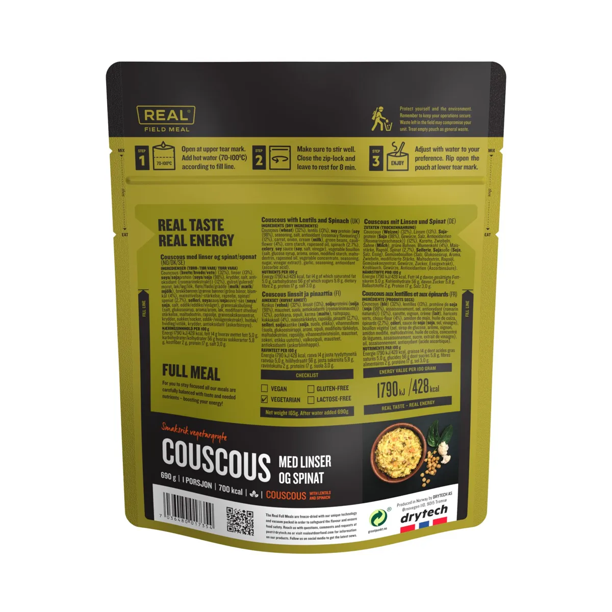 Real Turmat Full Meal - 700 Kcal - Couscous Med Linser Og Spinat