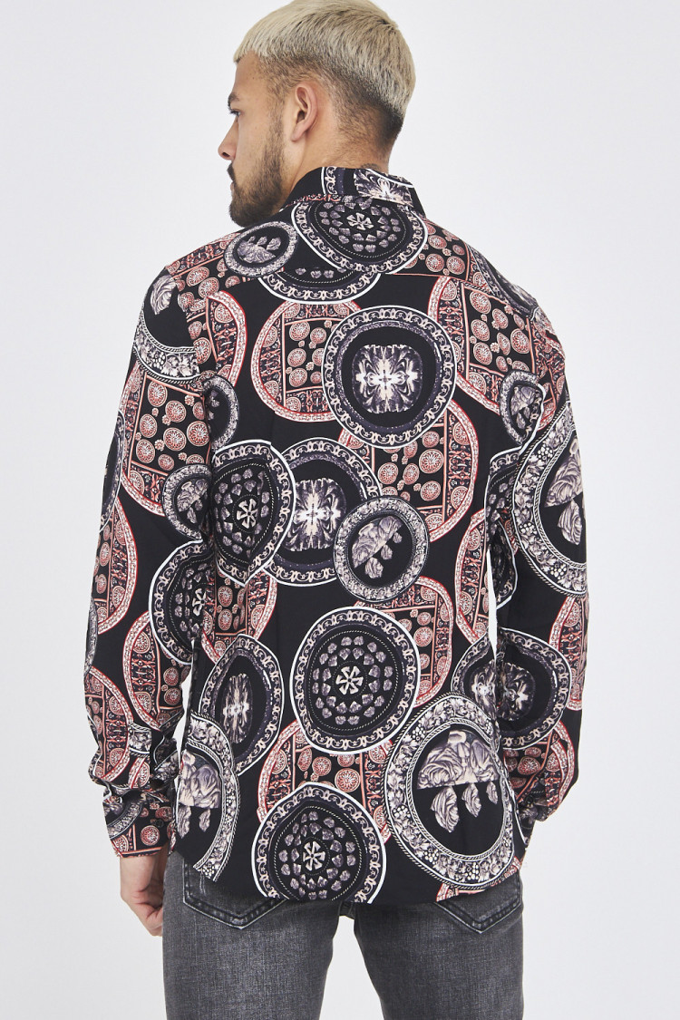 Chemise noire à motifs grecs orange-violet-beige