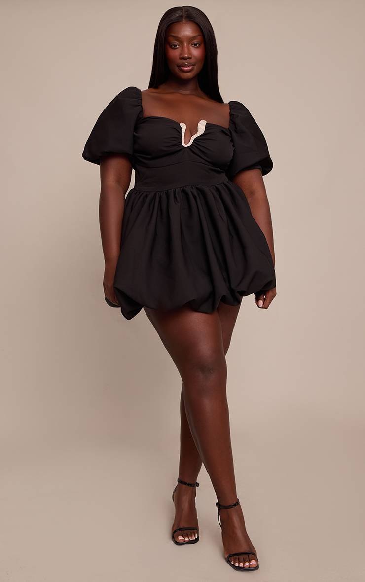 Noir Robe Mini Bouffante Tissée Avec Ornements De Strass Grande Taille