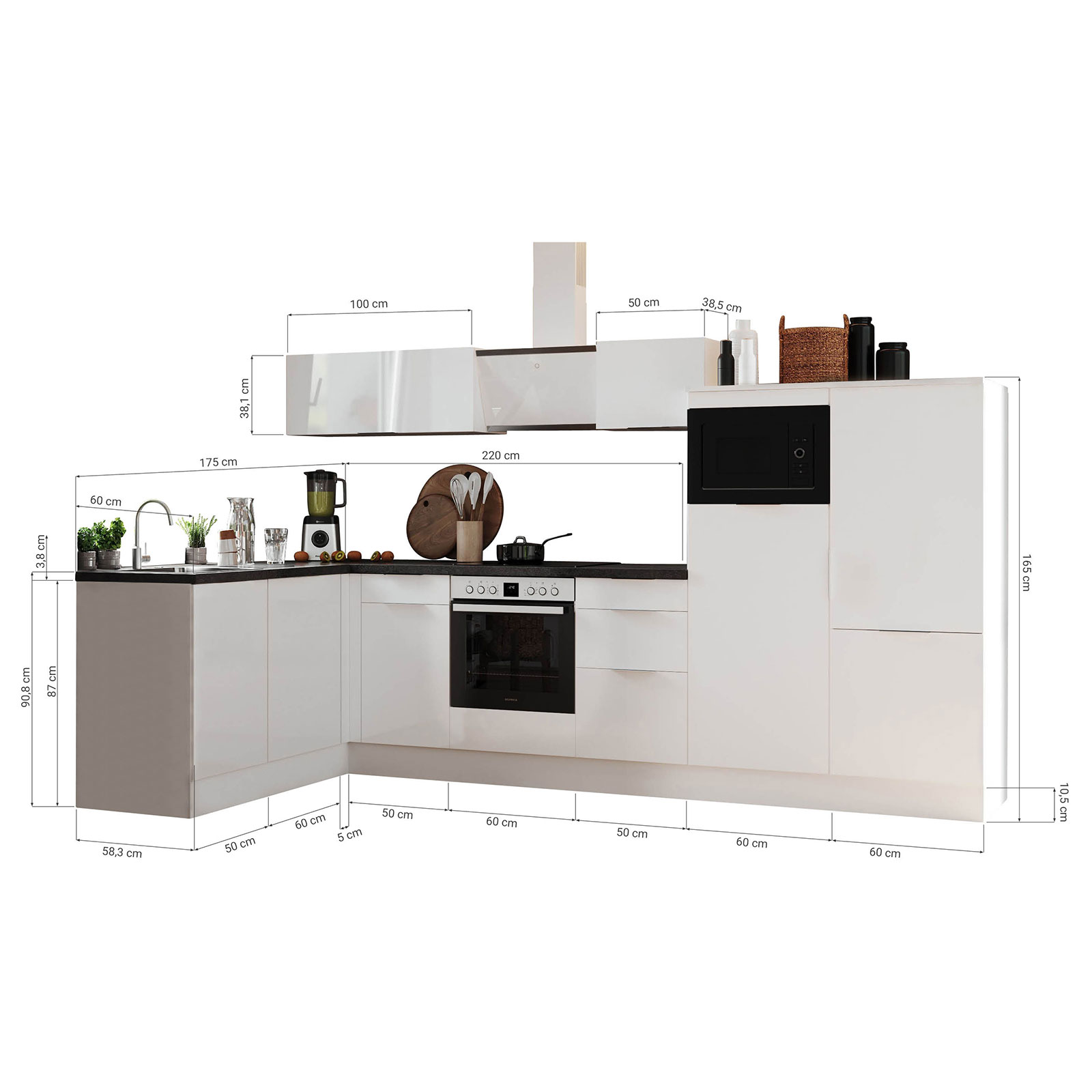 RESPEKTA Winkelküche - grau matt - Artisan Eiche - mit E-Geräten - 340x175 cm