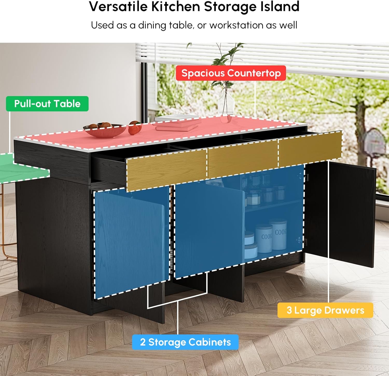 Homary Ausziehbare Kücheninsel 81–106 cm, Moderne Kücheninsel mit Marmoroptik Arbeitsplatte, Küchenschrank mit Schubladen & Türen, Viel Stauraum für Küche & Essbereich