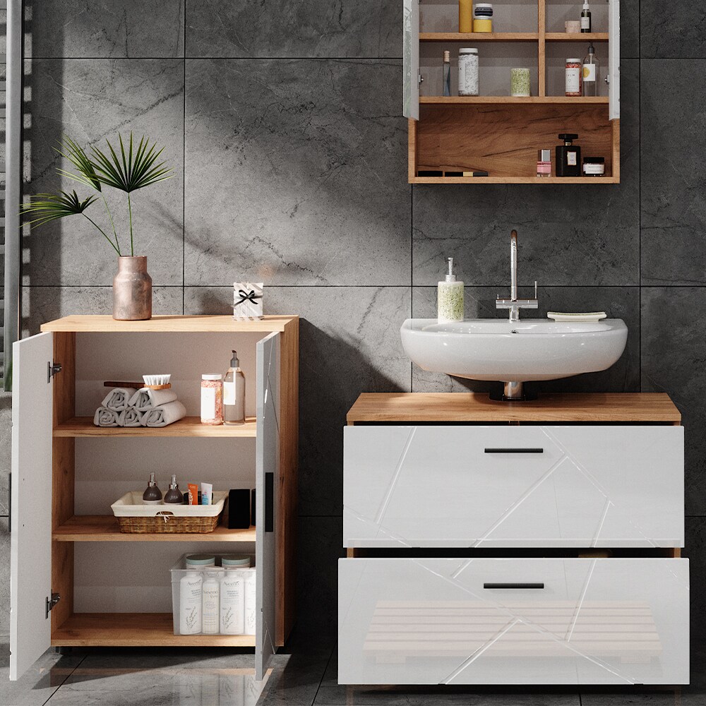 Vicco Badmöbelset Irma Eiche Weiß Hochglanz modern Badezimmerschrank Badschrank Badezimmermöbel Waschtischunterschrank Spiegelschrank Kommode Schranktür Schrankschublade Schrankfach