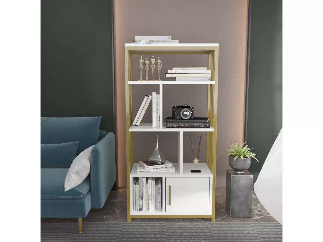 Bibliothèque en métal Valero avec placard (Doré et Blanc)