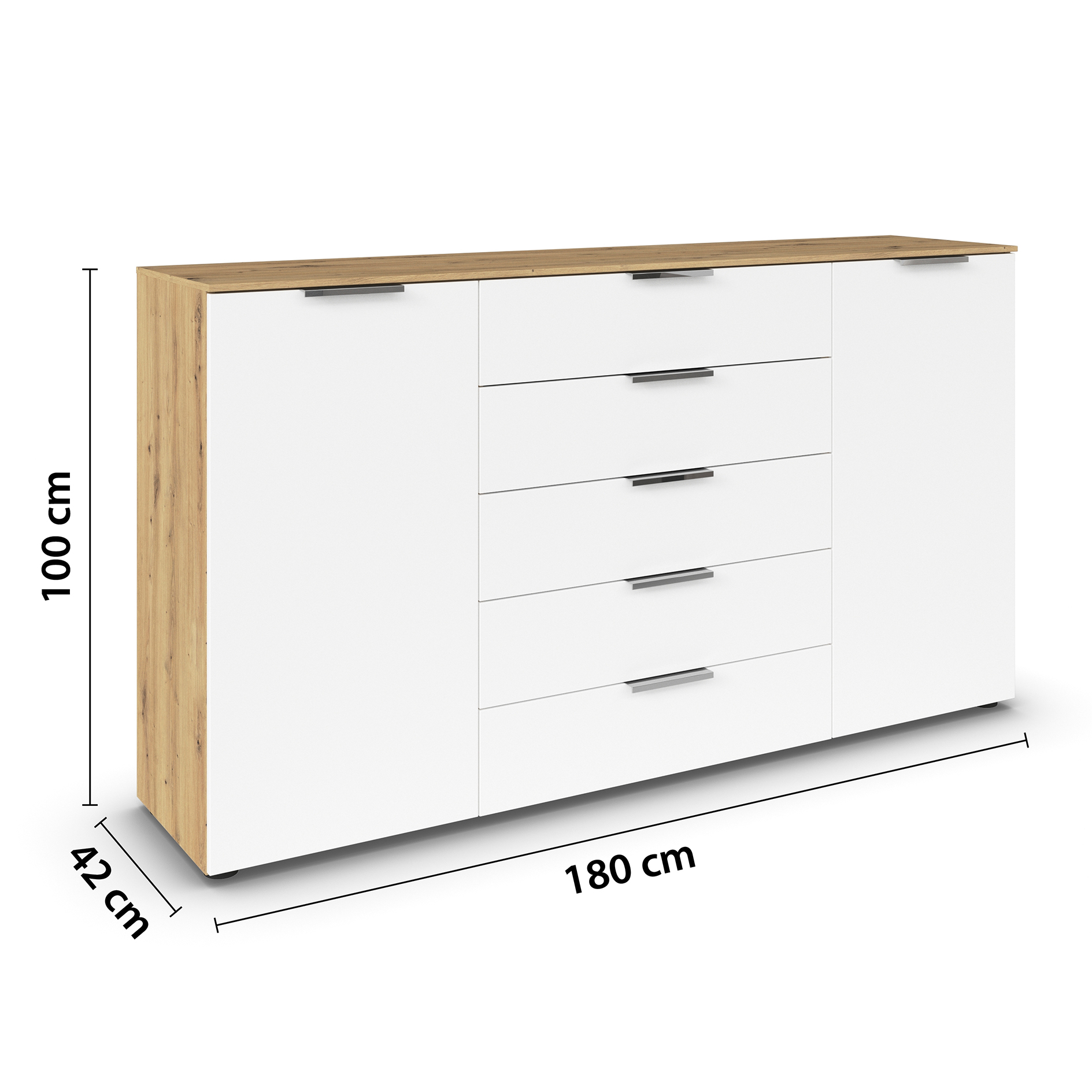 Kommode - Artisan Eiche-alpinweiß - Chromgriffe - 180 cm