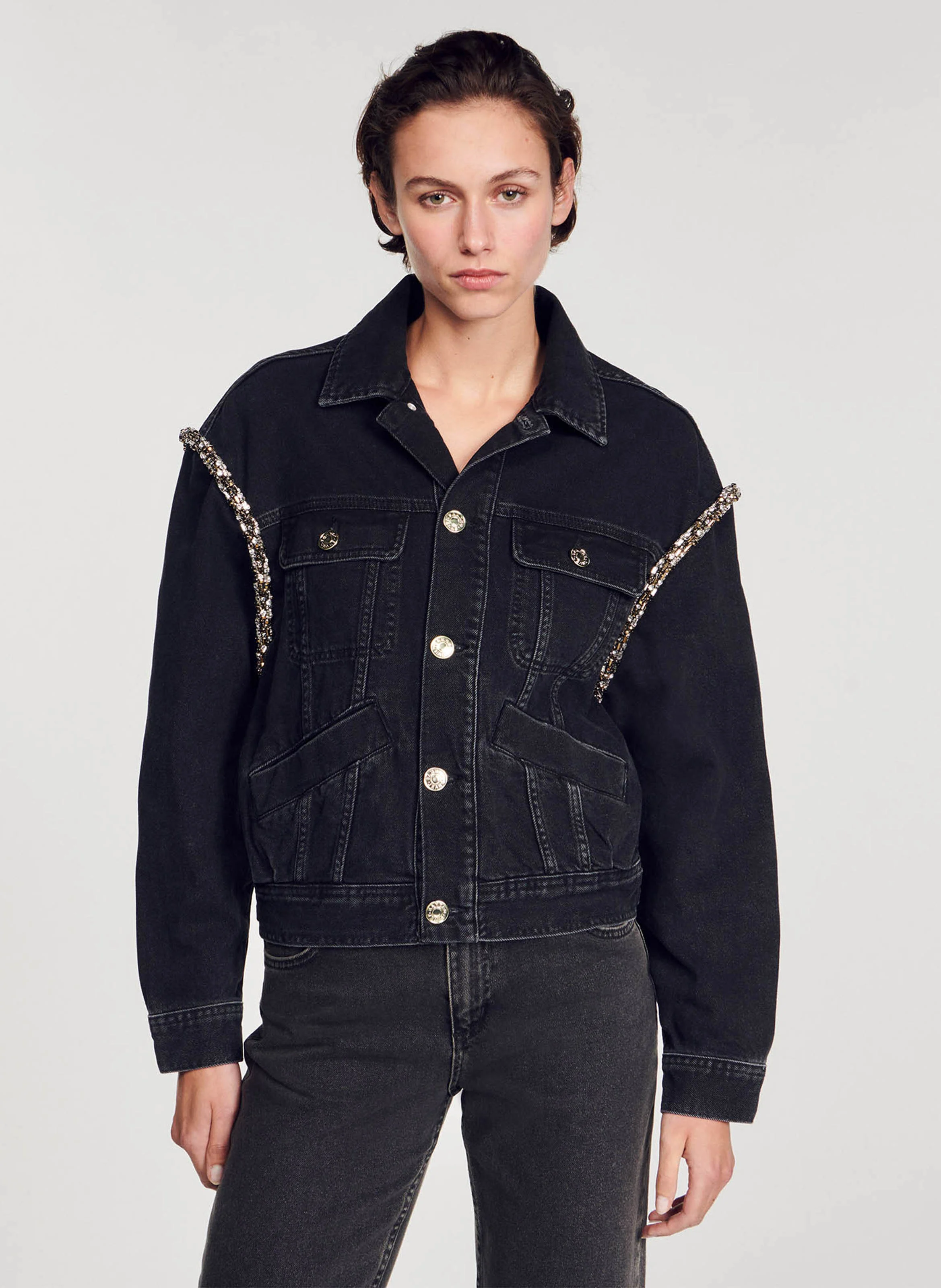 Veste en jean col classique avec strass | Noir
