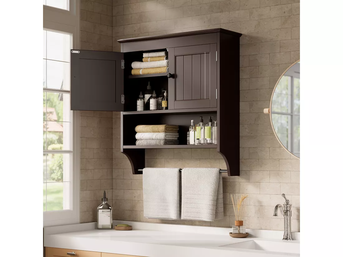 Bealife Meuble de Salle de Bain Mural Marron Foncé avec Étagère à Serviettes