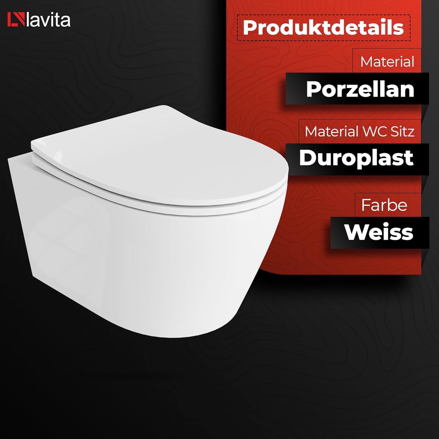 Lavita Duofix Basic Vorwandelement + Wand Tiefspül WC Praia Weiß Spülrandlos + WC Sitz + Bedienplatte Delta 25 Schwarzer Knopf Komplettset Unterputz Spülkasten Toilette Komplett Sett WC