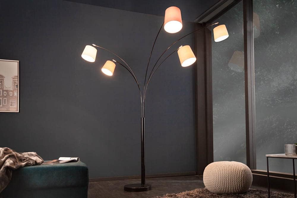 invicta INTERIOR 5-flammige Design Bogenlampe LEVELS weiß beige braun mit 5 Leinen Schirmen Stehlampe Lampe Stoffschirm Leseleuchte