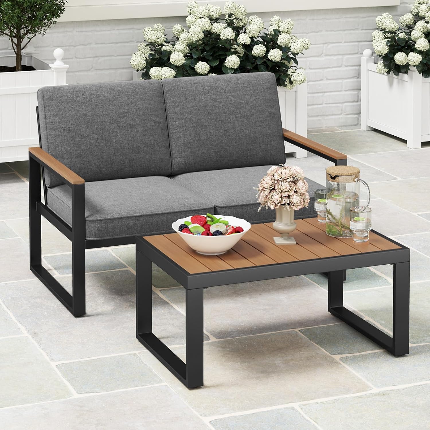 GIANTEX 2 TLG. Gartenmöbel Set, Balkonmöbel wetterfest mit Aluminiumrahmen, Terrassenmöbel Set 2-Sitzer Sofa & Couchtisch, inkl. Kissen, Balkonset für 2 Personen, Gartengarnitur Outdoor Sitzgruppe